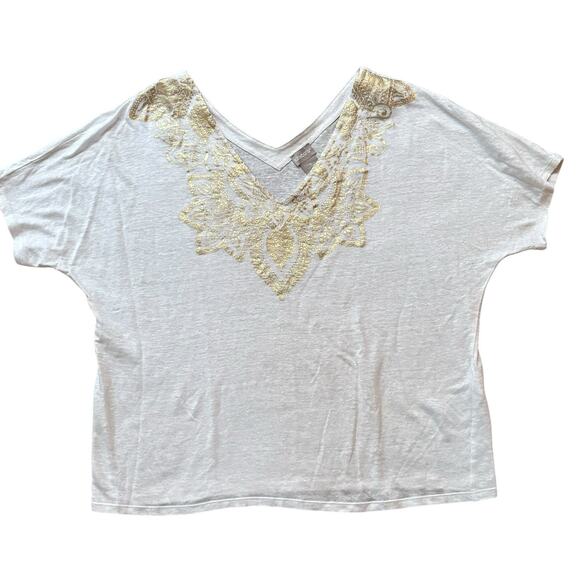 Chico's White Gold Foil Double V Neck Linen Tee Large/2 Beachy Mandala Design - Picture 1 of 13